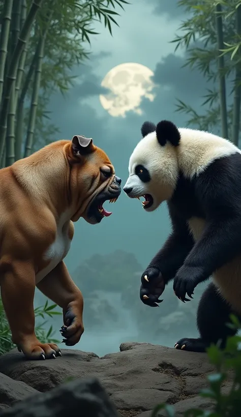 "Create a tense and dramatic scene where an aggressive bulldog and a fierce panda are facing off, both in an enraged stance. The bulldog stands firm with its muscular, stocky body, baring sharp teeth, while the panda, usually gentle, now has a fierce snarl...