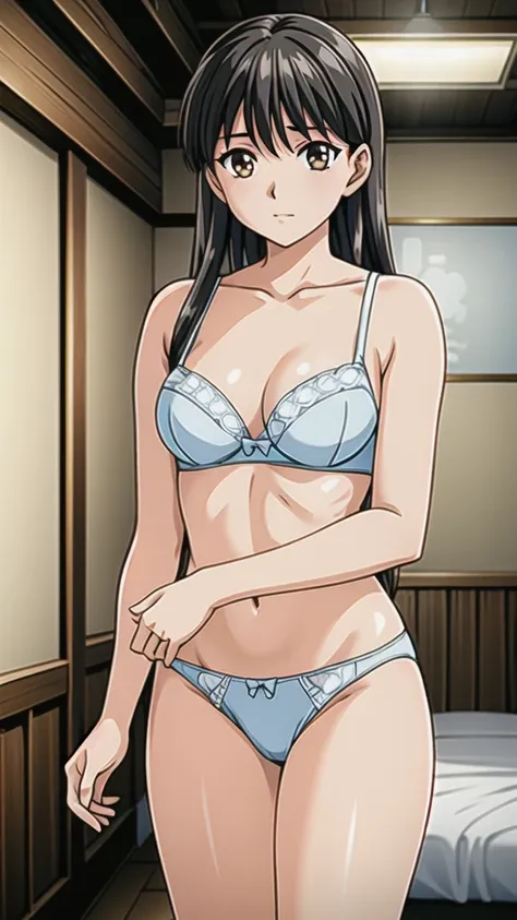 Orizuki Yuka 、Age 19、 black hair、Long Hair、、悲しいface、Brown Eyes 、 Full Body Style 、 normal breasts、、 narrow waist 、Bare legs、In underwear、、 upper body bra、 blue bra、lower body panties ，blue ribbon panties，White pumps、 Official Art, Extremely Detailed CG Uni...