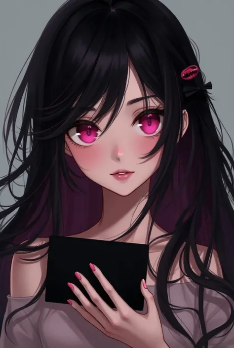 Handsome girl holding a black card in her hand and having pretty long black hair and animated pink hair highlights