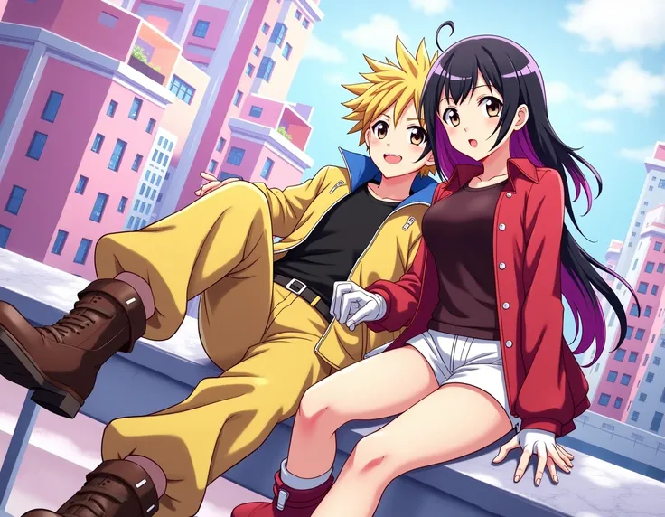 anime boy with,blond hair,brown eyes,yellow pants,yellow jacket,black shirt,brown boots,yellow gloves and an anime girl with black and fuchsia hair is wearing a dark red shirt decorated white gloves a red jacket white shorts and red and white boots she is ...