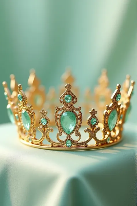 Beautiful golden princess crown with light mint green stones for a 15-year invitation