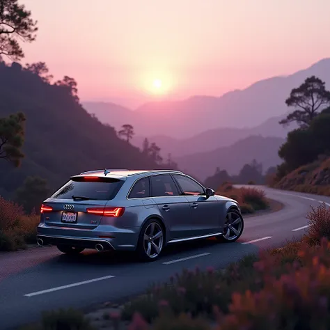  2006 Audi A4 Avant quattro station wagon stands on a winding road going down a hill in America, evening, beautiful purple sunset , pale purple haze 