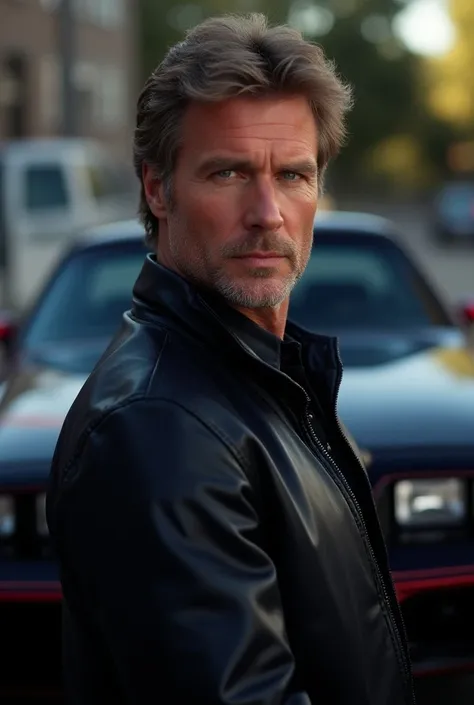 Michael Knight interpretado por David Hasselhoff, looking ahead, your car  "Kitt" un Pontiac Firebird Trans Am V8 negro como el de la serie "Knight Rider"  you can see the whole car 