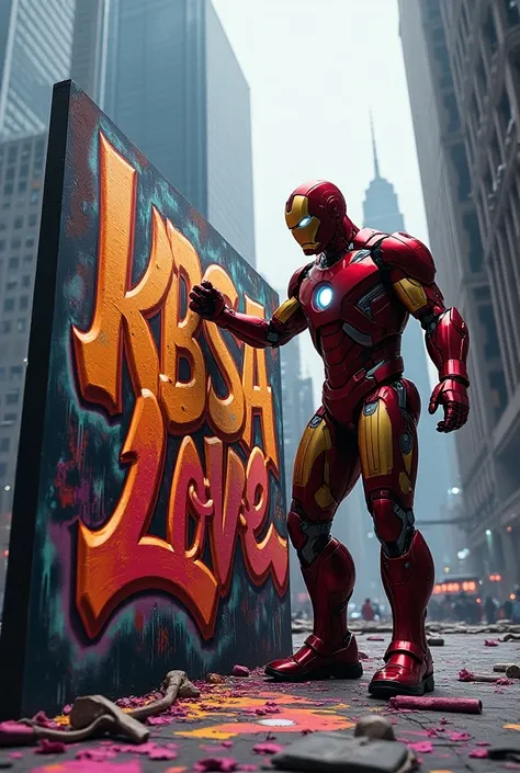 Create an image of Iron Man doing graffiti that says kbsa one love in a high place 