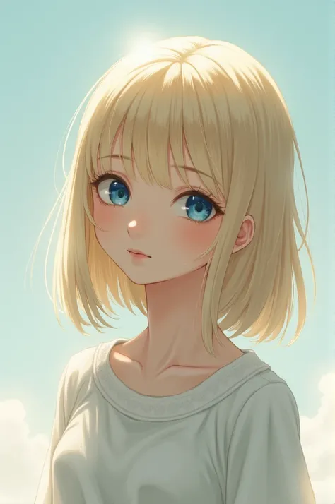 Character Art.  The girl is a short blonde with straight hair below her shoulders, with big eyes the color of the blue . 