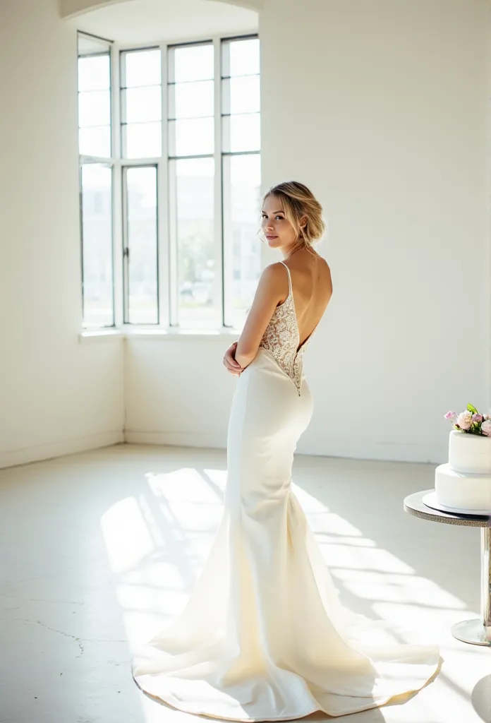 ((masterpiece)) ((photography)) ((highest quality)) a graceful curvy blond bride stands in an elegant, fitted white wedding dres...