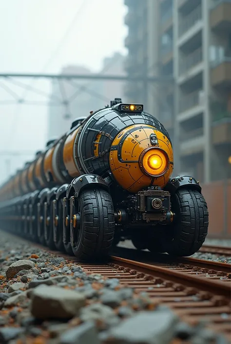 "Design a hybrid creature that fuses the mechanical power of a train with the agile, segmented body of a centipede. This hybrid, known as the Locomipede, has the elongated, multi-segmented torso of a centipede, with each segment fitted with rotating wheels...