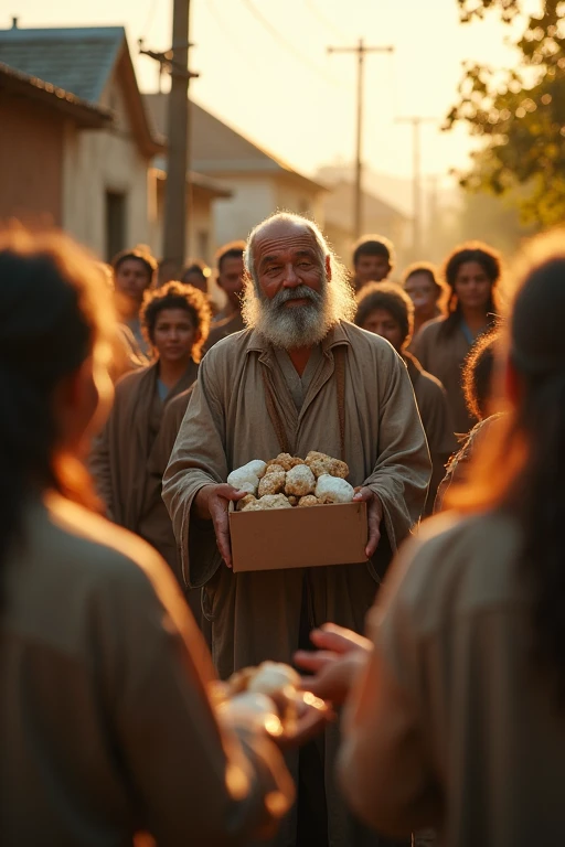 
Ultra-realistic image of Utsman in a peaceful, community setting, warmly distributing food and resources to people. Cinematic, with golden afternoon lighting, capturing his generosity and the grateful faces of recipients.