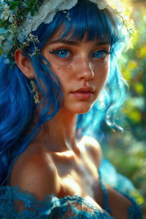 a curvy woman, beautiful detailed blue eyes, long blue hair, freckles on the face, big lips, large natural breasts, high quality, 8k, photorealistic, hyper detailed, cinematic lighting,, Movie Lighting, Sony FE , obra maestra, súper detalle，（8k，best calida...