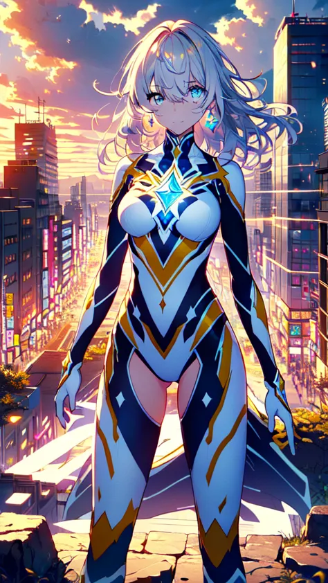 ((full body)), (hair on one eye:1.5), smile,trigger，magical girl, white and yellow geometric pattern, tight leotard, skin tight,...