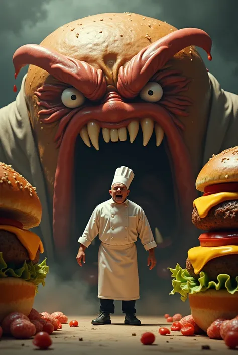  A cook who cries and jumps with mean sausages, des oeufs au plat méchants, In front of giant hamburgers  