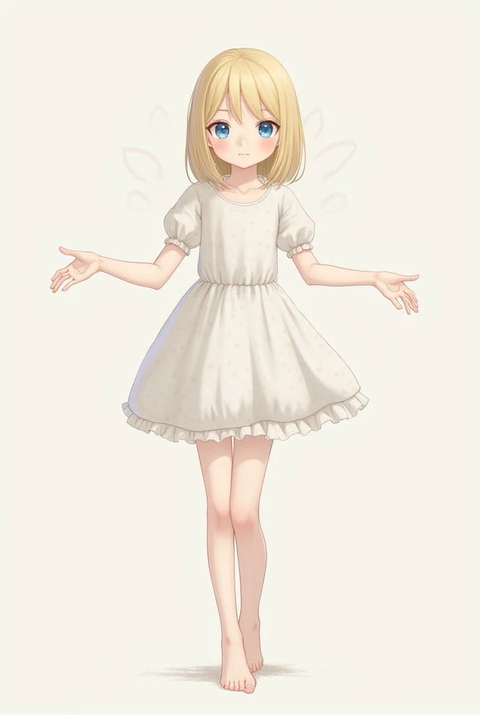 Full-length character art.  The girl is a short blonde with straight hair below her shoulders, with big eyes the color of the blue . 