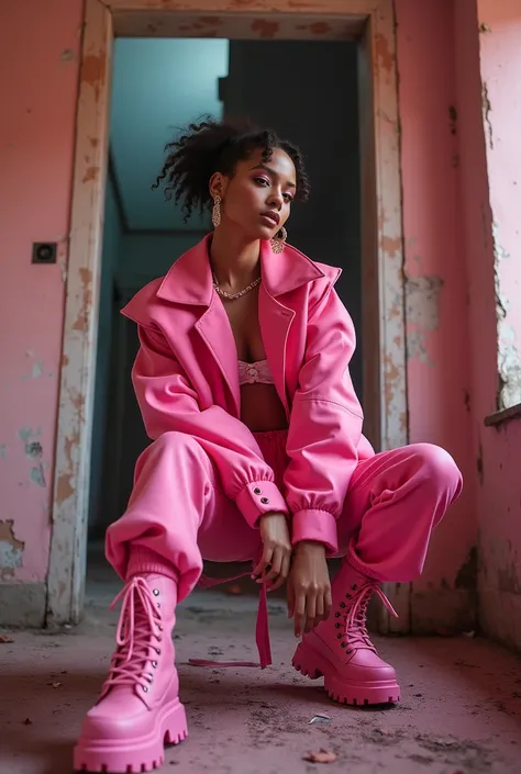 Creative model shoot in an abandoned house, street style, shades of pink