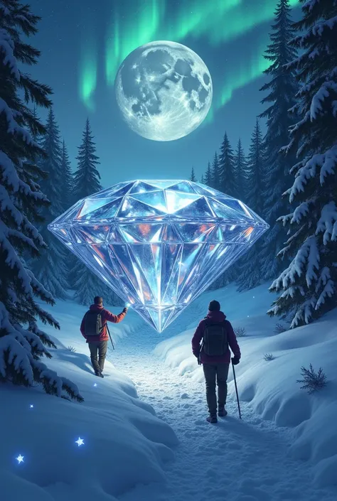 Huge diamond close-up in the mirror is the picture with 2 male hikers with backpack Hiker 1 has a cap on and hiker 2 lights up a wolf with flashlight on a snowy path in a snowy forest in the sky was a giant full moon the sky radiates polar lights that radi...