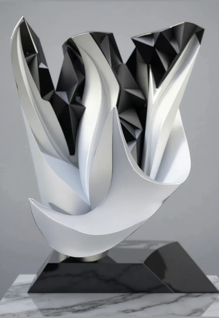 geometric sculpture with black lapided marble and white texture of shell