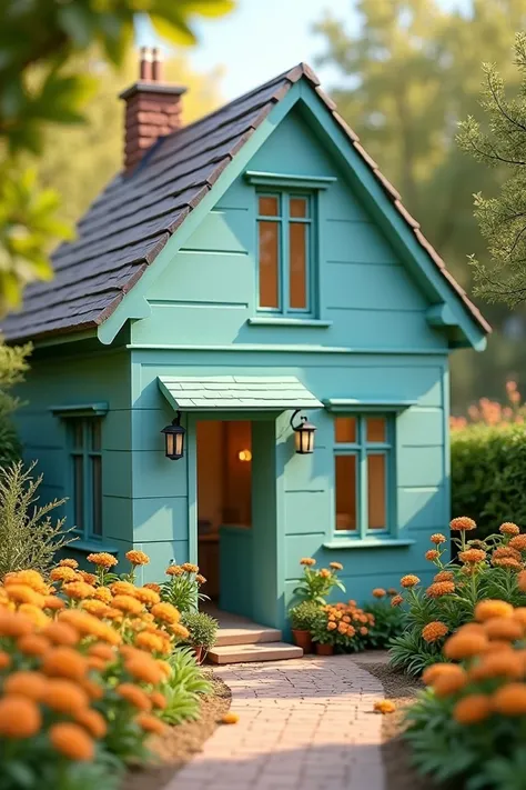  Create an image measuring 1500x500  ,  of a turquoise house with a slightly blurred background where you focus on the window  ,  the living room in the right space and in the left space there should be a garden with flowers, It should have warm colors  , ...