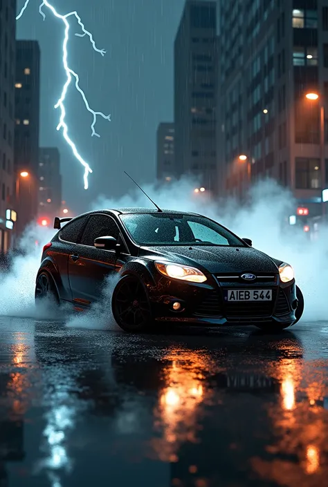 Ford focus mk2 2008 hatchback four doors, Black colored, Plate:AIEB-544, Background:City at night on a rainy day with thunder
and the car drifting