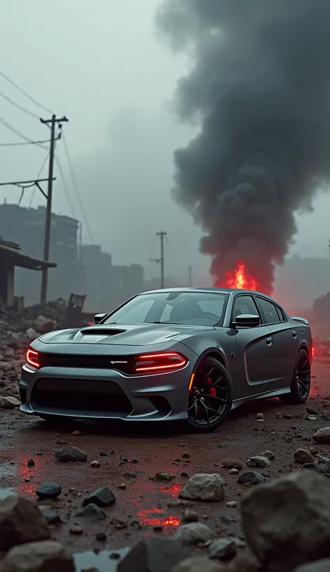 Dodge charger 2023 gray with red headlights in a war scenario 