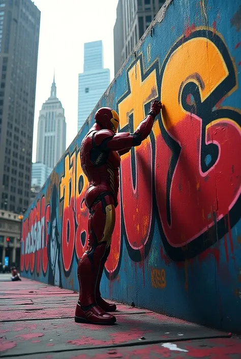 Create an image of Iron Man doing graffiti that says kbsa one love in a high place 