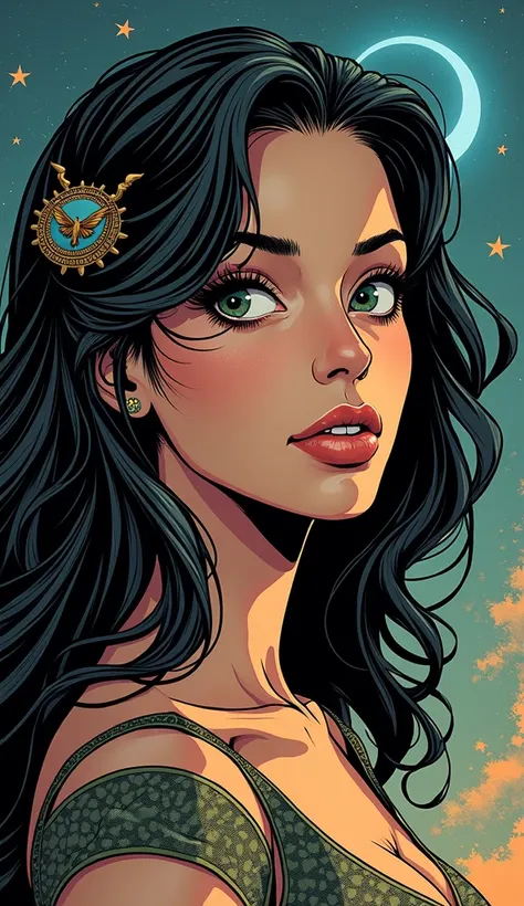 image of a mythological being, adult woman, American, comic book style. SHE is a Gemini sign. LOOKING TO THE SIDE. FOCUS ON THE FACE. with a discreet smile. non-vulgar image. in a mystical location.