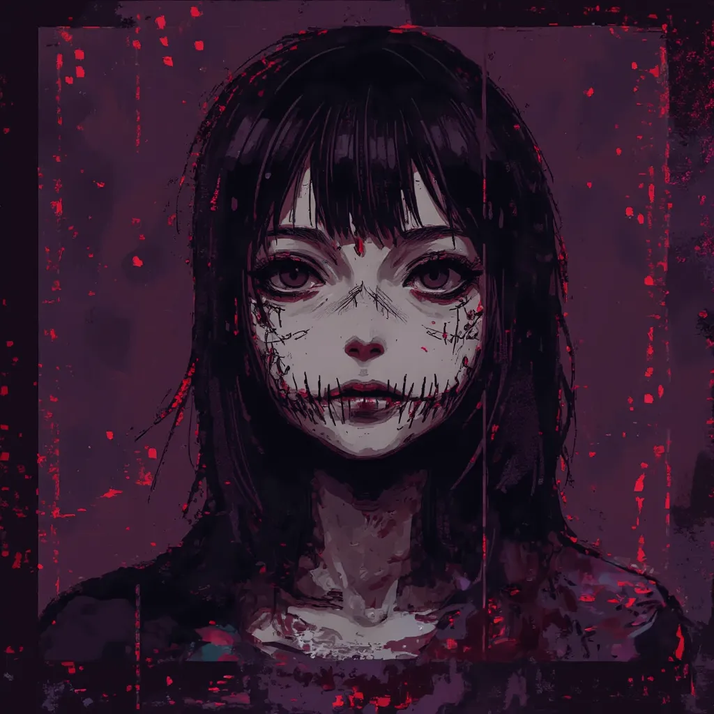 [pixel art .  anime girl, в horrorном стиле манги;  a state of anxious stillness ,  the mood of dark mystery and subcultural anx...