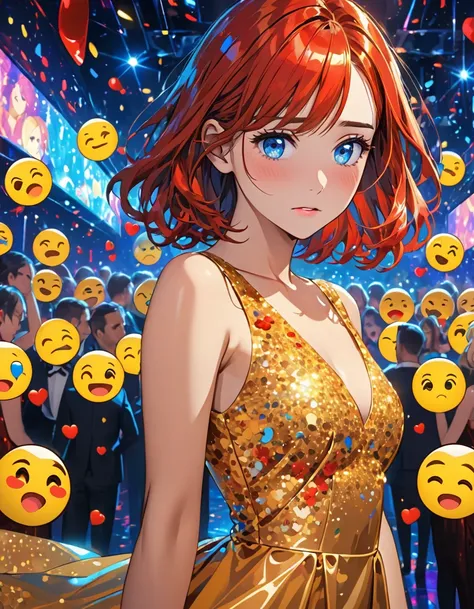 Girl in a nightclub in a golden dress with red and her hair is red
shiny and her eyes are blue in a background of a place full of sad emojis