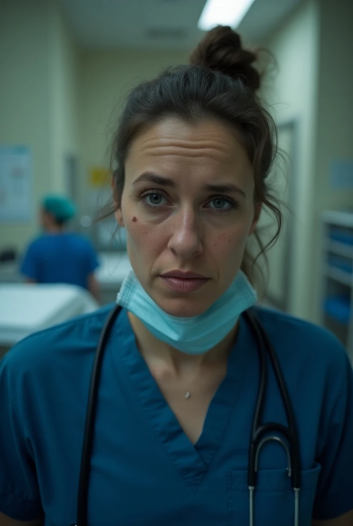 A photo of a lady doctor in surgical scrubs of  dark blue colour. Shes tired and drained and in the background show the different aspects of life of a doctor. Make her look more drained sweating and tired, add a pulled down mask on the face as well at the ...