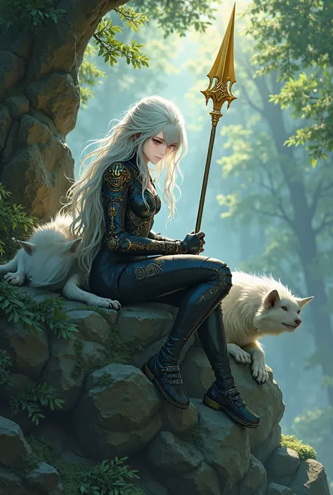 Killua zoldyck , blue eyes and white hair ,golden spear in hand , sit in rock , forest , dragonic armor , Two white wolves are sleeping next to her