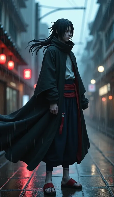 a solemn Itachi Uchiha standing in a rain-soaked street, in the style of Masashi Kishimotos anime, highly detailed, photorealistic, 9:16 aspect ratio, 4k, 8k, high resolution, masterpiece, ultra-detailed, extremely sharp focus, vivid colors, dramatic light...