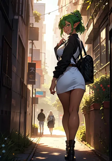 high definition adult anime-style book cover illustration of a green-haired woman, bela, athletic, perfeita, Very short and thin , Innocent and exuberant and opulent ,  well endowed affectionate and passionate elf girl very pretty with body,  with very dar...