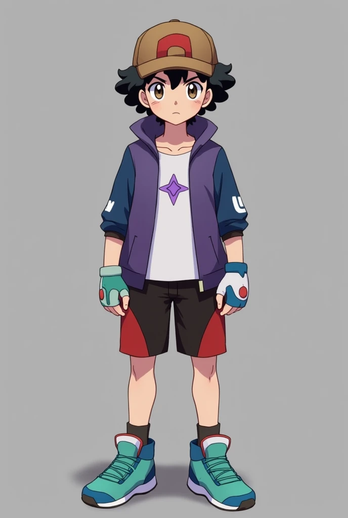  A 22-year-old teenager with curly hair and a brown Pokémon trainer cap with red and black shorts and turquoise sneakers, serious look with dark circles ,  and a purple design on the chest
Also that it is tall ,  and that he has an open jacket in a blue an...