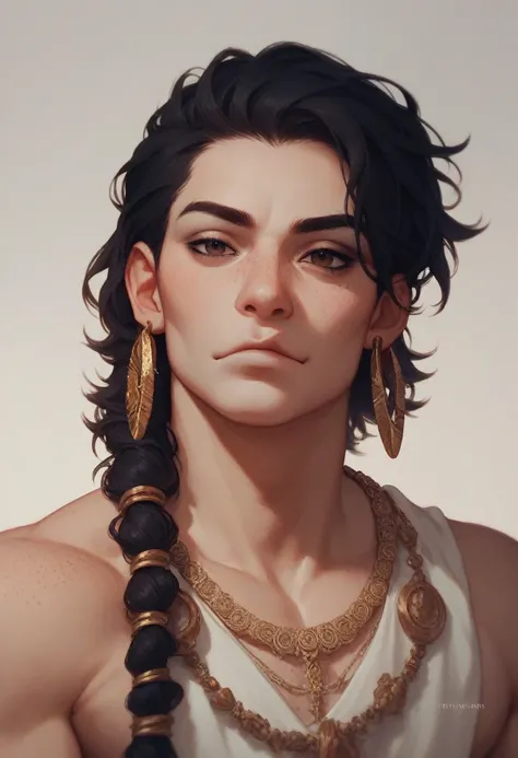  One of 21 years old , Shoulder-length black hair , king, thin,  with dark brown eyes cuddly but tugged with eyeliner,  some freckles on the face ,naturally reddish mouth ,  with accessories ring earring bracelets and cord  