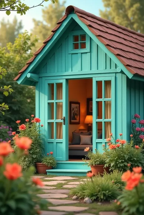  Create an image measuring 1500x500  ,  of a turquoise house with a slightly blurred background where you focus on the window  ,  the living room in the right space and in the left space there should be a garden with flowers, It should have warm colors  , ...