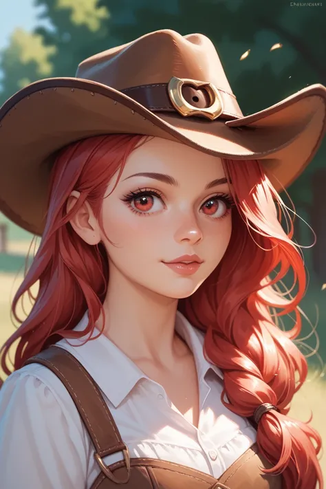 red hair, red eyes, cowboy sheriff, female, long hair, cute