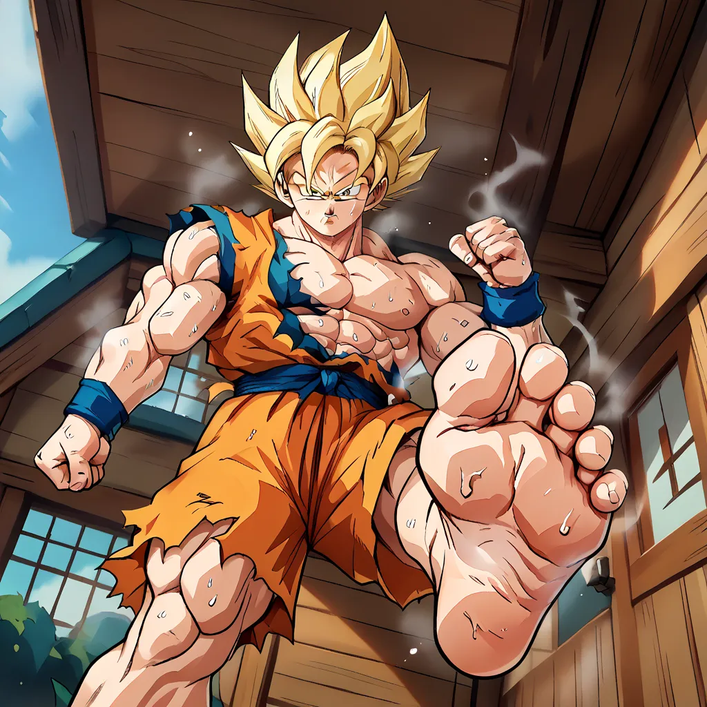 (A detailed drawing of goku, blonde hair, super saiyajin, Bodybuilding-Fitnessstudio.), With a naked torso, Ripping clothes, shorts, slip, the strongest of all, huge muscular body, big Bizeps, big shoulders, Muscle legs,abs, Barefoot, Martial arts, score_9...