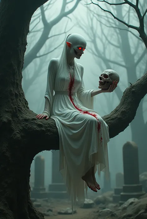 a pale face demon woman ,red glowing eyes wear white dress red oil splash sitting on tree branch holding doll human head background necropolis acreage