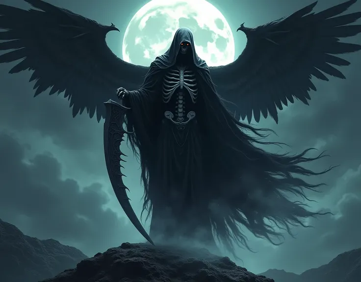 Under the glow of a full moon, Azrael hovers silently in the night sky, cloaked in shadows that swirl with each gust of wind. His dark, tattered robes flow around him, blending into the night, while the silver light of the moon casts an ethereal glow on hi...