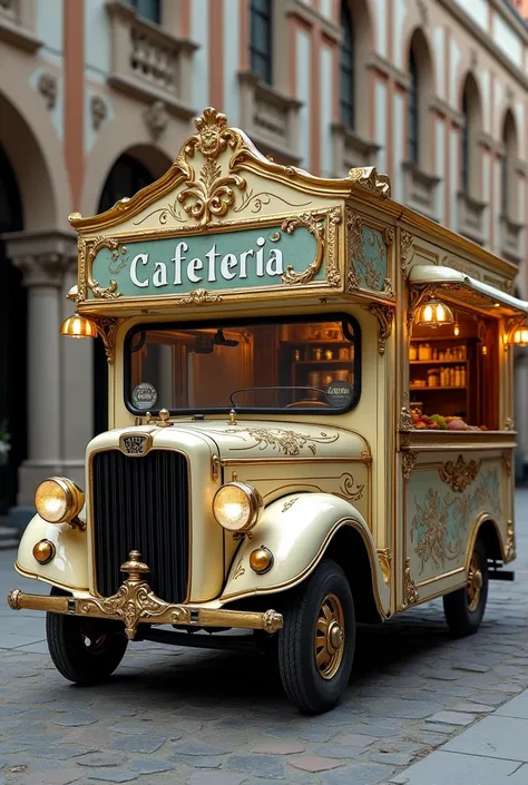 A cafeteria (truck), that is, a truck adapted to be a cafeteria  , , a small truck and is decorated in a baroque way with colors such as beige, black and champagne, with drawings like oil paintings, baroque of the time. 