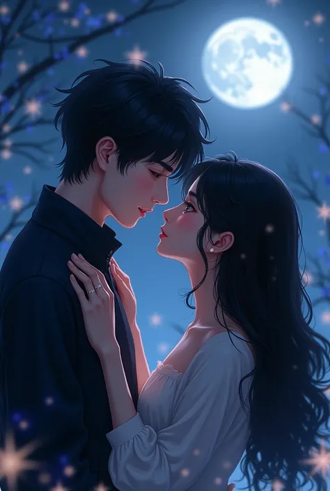 On a cold night,  under the soft glow of the moon ,  they were side by side ,  so close that the air between them seemed to warm . the woman,  with her long black and wavy hair ,  I could feel my heart racing as her greyish eyes met the ruby glow of his . ...