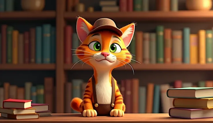 An adult cat measuring 1.65m tall, with anthropomorphic orange fur named Tigger, with a serious expression and long whiskers, in a 3D cartoon style inspired by Pixar. He has bright green eyes, orange fur with tiger stripes, and wears a brown hat and suspen...