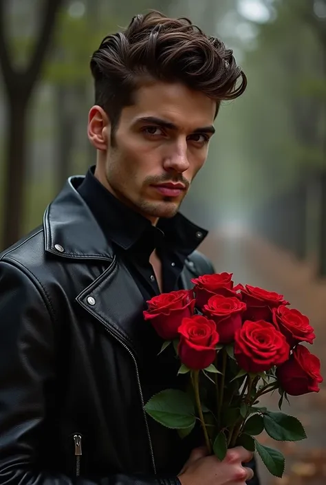  man in a leather jacket with a bouquet of roses, album cover,  inspired by Adam Dario Keel , pinterest, vanity , with flowers , A handsome young prince ,  flower prince , photoshoot, Prince Handsome ,  promo photos , ,  rain-shining , альтернативная album...