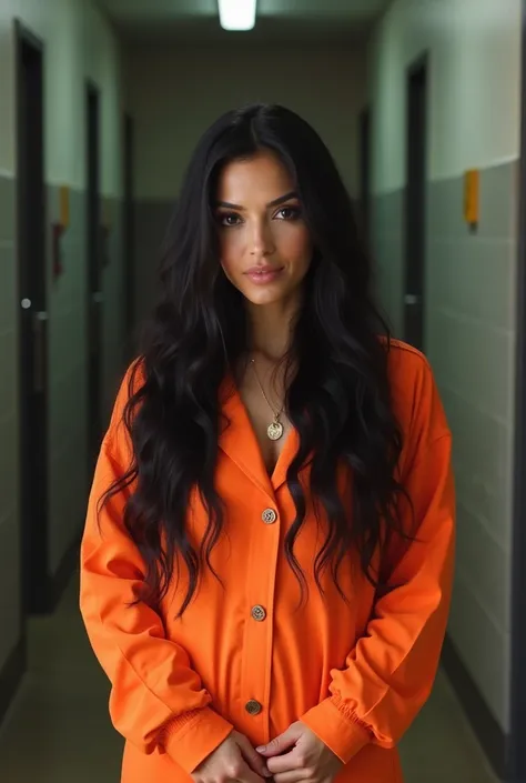 instagram model latina 42 years, long black hair, big , prison jumpsuit , handschellen,  orange, in prison , with her friend, Prison room , Zelle , outside, handschellen