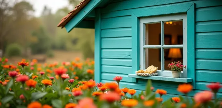   Create an image measuring 1500x500   ,   of a turquoise house with a slightly blurred background where you focus on the window   ,   in the living room in the right space and in the space on the left there should be a garden with flowers, There should be...