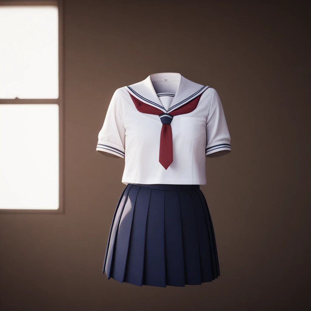 "A Japanese-style sailor school uniform in a classroom, standing as if worn by an invisible person, with no visible head, hands, or legs. The uniform has a white top with navy blue accents and a red necktie, and a pleated navy blue skirt. The setting is in...