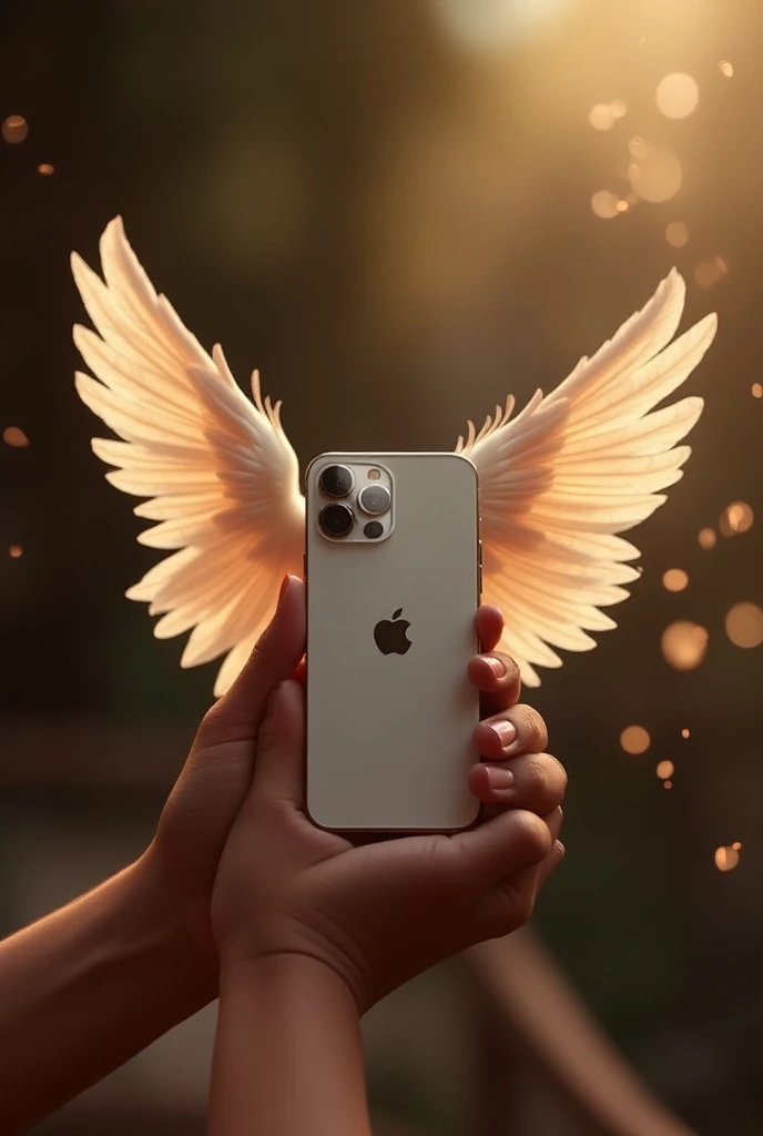 Create an image with a winged iPhone 15 Pro Max a gift message in Spanish from a woman to a man named Clarck.