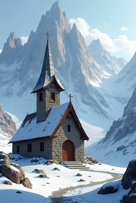 A chapel in the mountains covered with snow