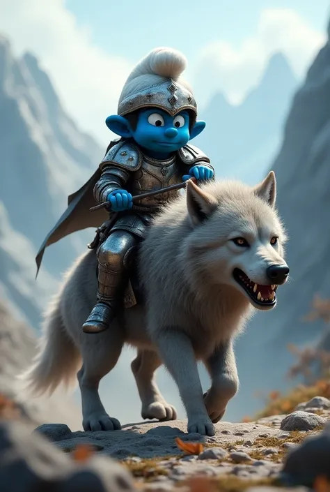 A smurf in battle armor riding a wolf