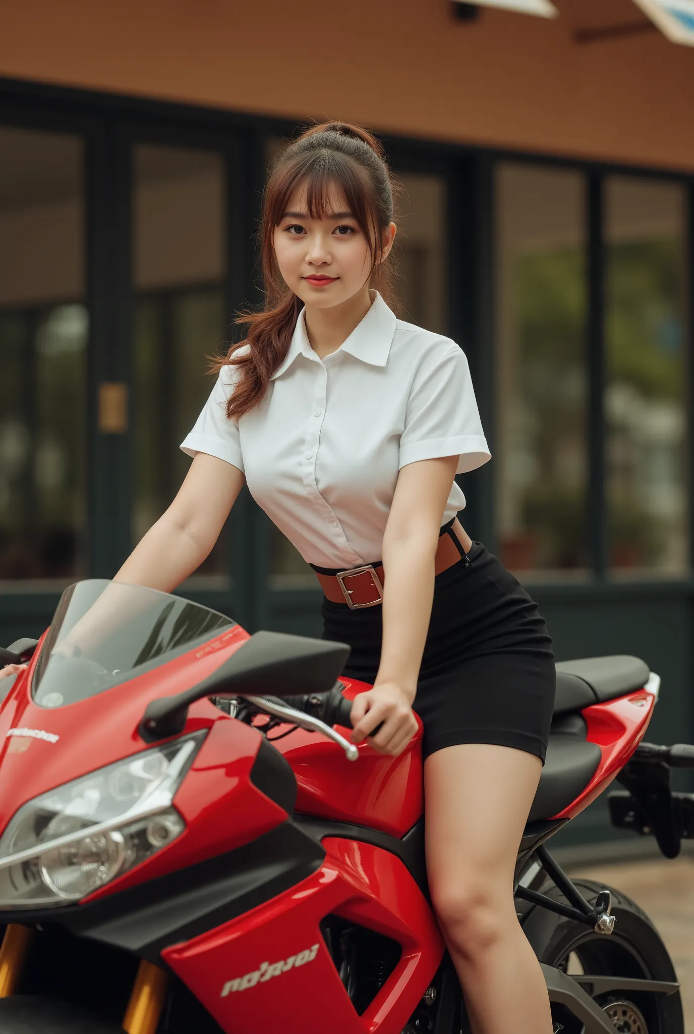 a beautiful young female student riding a 1500cc sport red motorcycle, parked with hands on the handlebars, look at camera, pony...