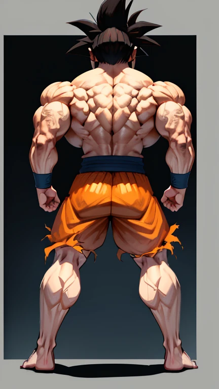 (A detailed drawing of goku, Bodybuilding-Fitnessstudio.), With a naked torso, Ripping clothes, shorts, slip, the strongest of all, huge muscular body, big Bizeps, big shoulders, Muscle legs,abs, Barefoot, Martial arts, high step, Full body image, Rear vie...