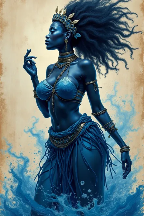 Top CG，（tmasterpiece），（insanely details），（Ultimate quality），1girll，African goddess Yemanja, Coloring, The dominance of blue, perfect bodies, sketchbook, handpainted, darkly, bravery, realistic sketch, Rough sketch, A strong blend of dark colors and loose l...